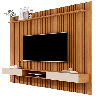 Painel para TV Até 70 Polegadas Vênus Ripado 2 Portas 1 Prateleira Nature/Off White 690 - Giga Móveis