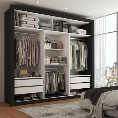 Guarda-Roupa Casal Hamburgo 3 Portas 4 Gavetas com Espelho Preto - Panorama Móveis