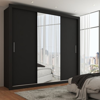 Guarda-Roupa Casal Hamburgo 3 Portas 4 Gavetas com Espelho Preto - Panorama Móveis