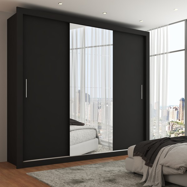 Guarda-Roupa Casal Hamburgo 3 Portas 4 Gavetas com Espelho Preto - Panorama Móveis