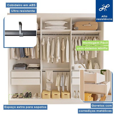 Guarda-Roupa Casal Cronos 3 Portas de Correr 4 Gavetas Branco - Minastex
