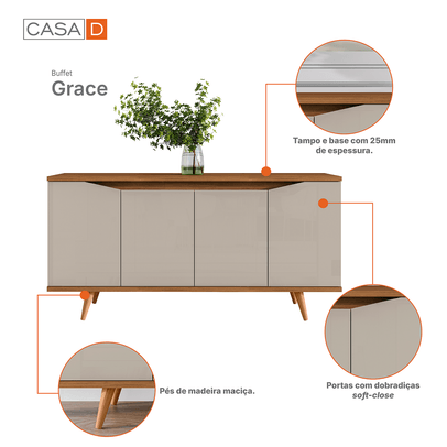 Balcão Buffet Grace 4 Portas Off White/Cedro 050.454 - Casa D