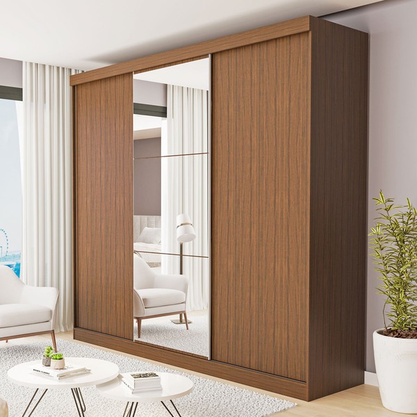 Guarda-Roupa Casal Barcelona 3 Portas de Correr 4 Gavetas Freijó - Minastex