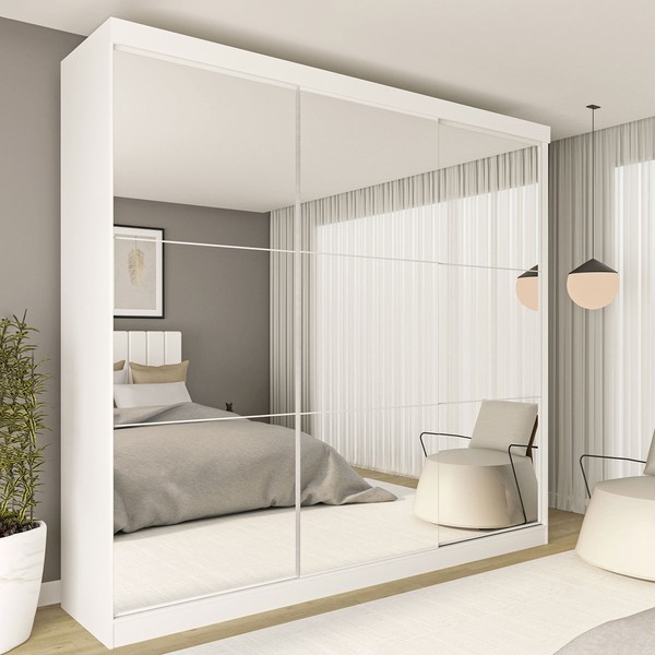 Guarda-Roupa Casal Rennes 3 Portas de Correr Espelhado 4 Gavetas Branco - Minastex