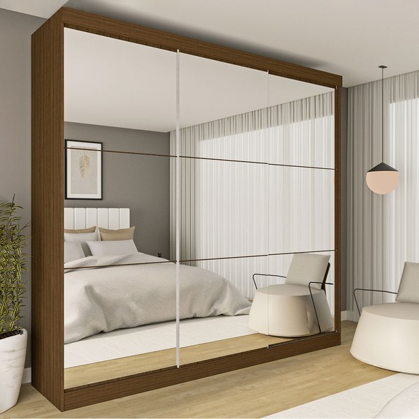 Guarda-Roupa Casal Rennes 3 Portas de Correr Espelhado 4 Gavetas Freijó - Minastex