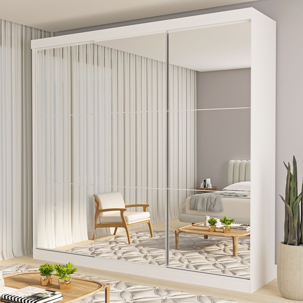 Guarda-Roupa Casal Isabela 3 Portas de Correr Espelhado 4 Gavetas Branco - Minastex