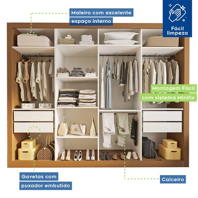 Guarda-Roupa Casal Milano 4 Portas 4 Gavetas Carvalho - Minastex