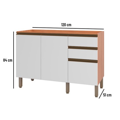 Balcão de Cozinha para Pia Macadâmia 2 Portas 3 Gavetas Freijó/Branco - Telasul