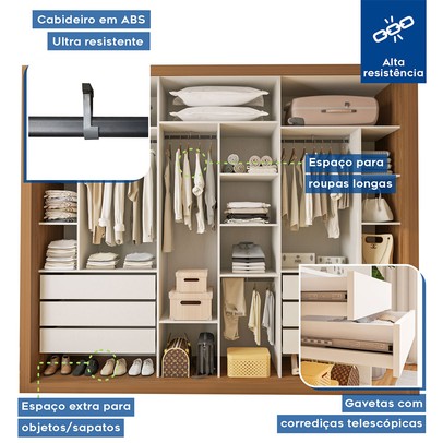 Guarda-Roupa Casal 3 Portas 6 Gavetas Carvalho - Minastex