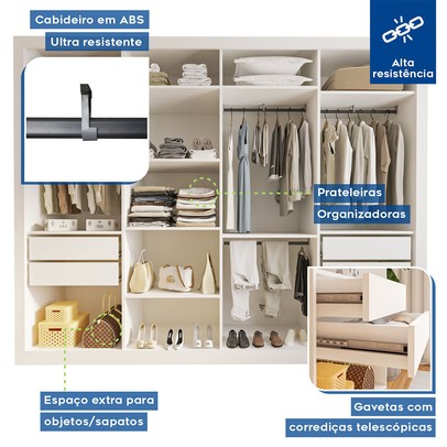 Guarda-Roupa Casal Firenze 4 Portas 4 Gavetas Branco - Minastex