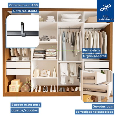 Guarda-Roupa Casal Firenze 4 Portas 4 Gavetas Freijó - Minastex