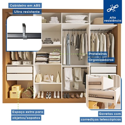 Guarda-Roupa Casal Firenze 4 Portas 4 Gavetas Carvalho - Minastex