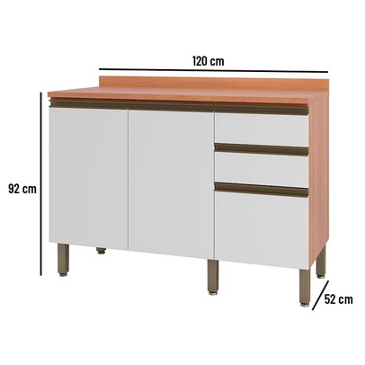 Balcão de Cozinha Macadâmia 2 Portas 3 Gavetas Freijó/Branco - Telasul