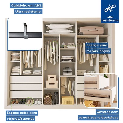 Guarda-Roupa Casal Ravena 3 Portas de Correr Espelhada Branco - Minastex