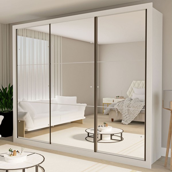 Guarda-Roupa Casal Ravena 3 Portas de Correr Espelhada Branco - Minastex