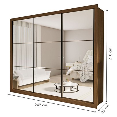 Guarda-Roupa Casal Ravena 3 Portas de Correr Espelhada Freijó - Minastex