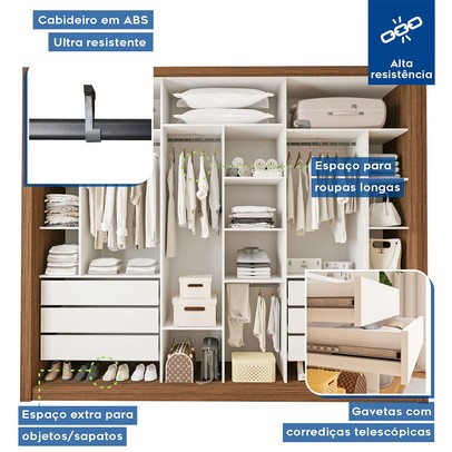 Guarda-Roupa Casal Ravena 3 Portas de Correr Espelhada Freijó - Minastex