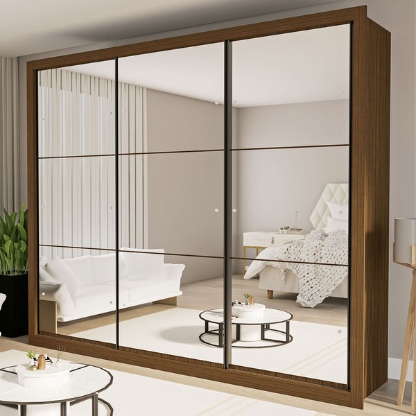 Guarda-Roupa Casal Ravena 3 Portas de Correr Espelhada Freijó - Minastex