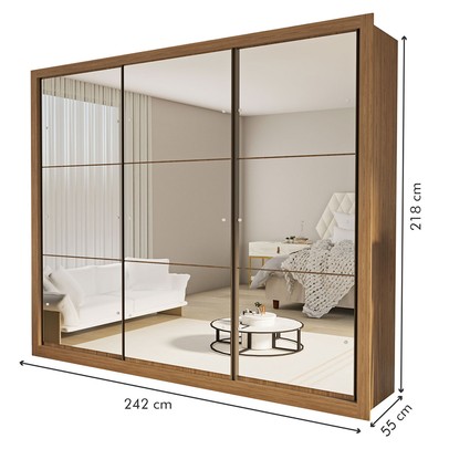Guarda-Roupa Casal Ravena 3 Portas de Correr Espelhada Carvalho - Minastex