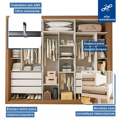 Guarda-Roupa Casal Ravena 3 Portas de Correr Espelhada Carvalho - Minastex