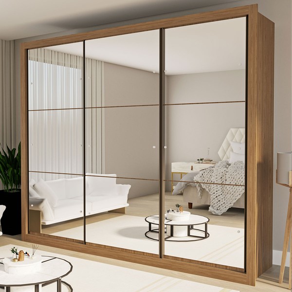 Guarda-Roupa Casal Ravena 3 Portas de Correr Espelhada Carvalho - Minastex