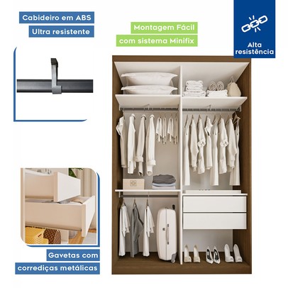 Guarda-Roupa Solteiro Salvador 2 Portas de Correr 2 Gavetas Freijó - Minastex