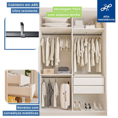 Guarda-Roupa Solteiro Cléo 2 Portas de Correr 2 Gavetas Branco - Minastex
