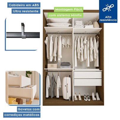 Guarda-Roupa Solteiro Cléo 2 Portas de Correr 2 Gavetas Freijó - Minastex