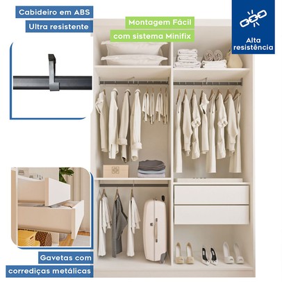 Guarda-Roupa Solteiro Lila 2 Portas de Correr 2 Gavetas Branco - Minastex