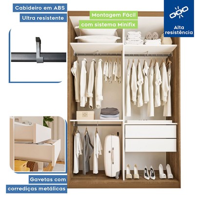 Guarda-Roupa Solteiro Lila 2 Portas de Correr 2 Gavetas Freijó - Minastex