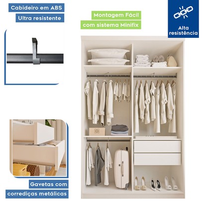 Guarda-Roupa Solteiro Kiara 2 Porta de Correr Branco - Minastex
