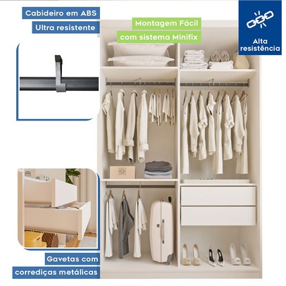 Guarda-Roupa Solteiro Salvador Plus 2 Portas de Correr 2 Gavetas Branco - Minastex