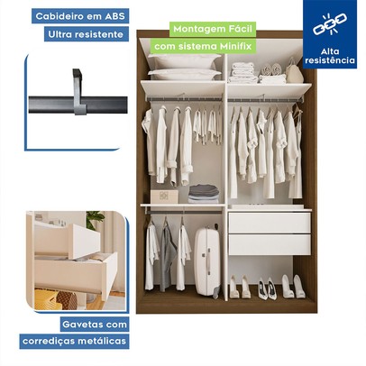 Guarda-Roupa Solteiro Salvador Plus 2 Portas de Correr 2 Gavetas Freijó - Minastex