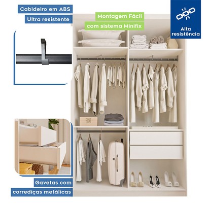 Guarda-Roupa Solteiro Salvador Top 2 Portas de Correr 2 Gavetas Branco - Minastex