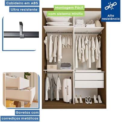 Guarda-Roupa Solteiro Salvador Top 2 Portas de Correr 2 Gavetas Freijó - Minastex