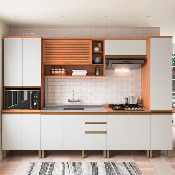 Cozinha Completa Macadâmia 12 Portas 3 Gavetas Freijó/Branco 914432 - Telasul