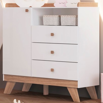 Cômoda Infantil Confete 1 Porta 3 Gavetas Branco/Jequitibá - Henn