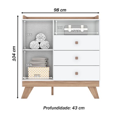 Cômoda Infantil Confete 1 Porta 3 Gavetas Branco/Jequitibá - Henn