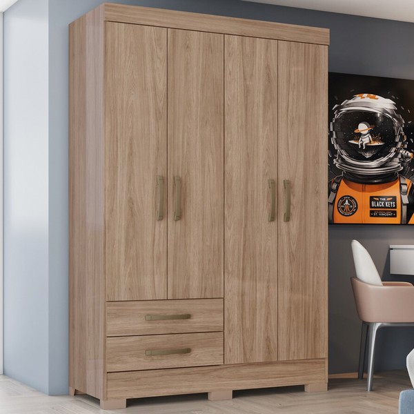 Guarda-Roupa Solteiro 4 Portas 2 Gavetas Jequitibá Brilho Be12 - Briz