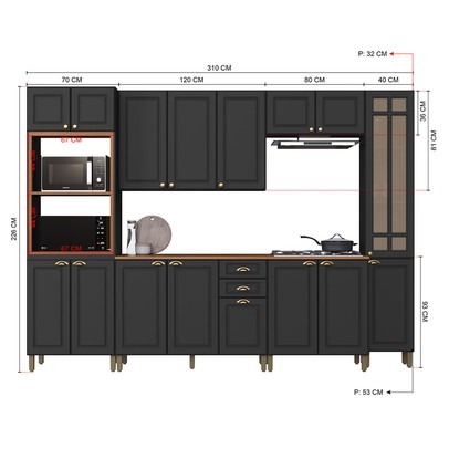 Cozinha Completa Firenze 16 Portas 2 Gavetas com Vidro 6171.101 Chumbo - Indékes