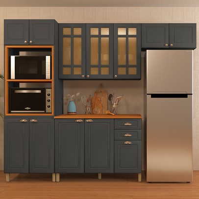 Cozinha Completa Firenze 12 Portas 2 Gavetas com Vidro 6171.103 Chumbo - Indékes