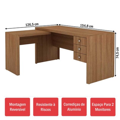 Mesa para Escritório 3 Gavetas  Amendoa Me4106 - Tecno Mobili