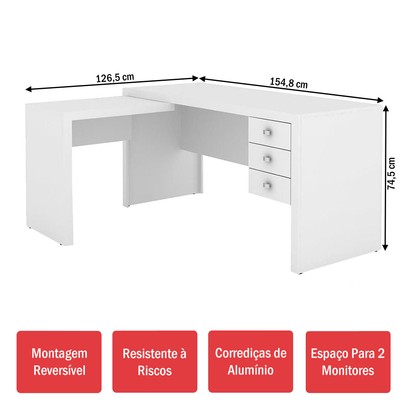 Mesa para Escritório 3 Gavetas Branco Me4106 - Tecno Mobili