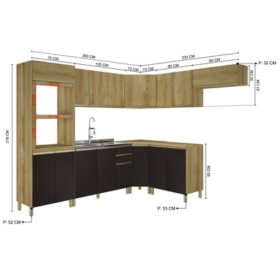 Cozinha Completa Dinamarca 16 Portas 2 Gavetas 6123.139 Castani/Chumbo - Indékes