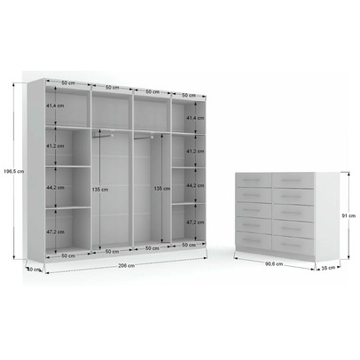 Quarto de Casal Ele e Ela Guarda-Roupa 8 Portas e 8 Prateleiras Cômoda 10 Gavetas Branco - Panorama Móveis