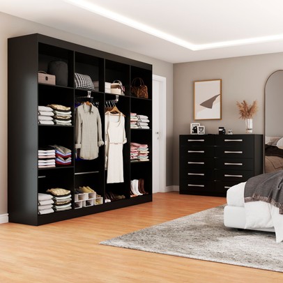 Quarto de Casal Ele e Ela Guarda-Roupa 8 Portas e 8 Prateleiras Cômoda 10 Gavetas Preto - Panorama Móveis