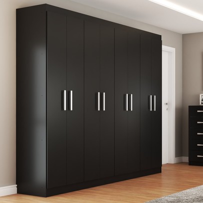 Quarto de Casal Ele e Ela Guarda-Roupa 8 Portas e 8 Prateleiras Cômoda 10 Gavetas Preto - Panorama Móveis