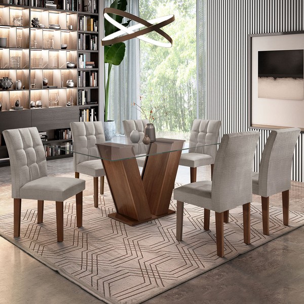 Mesa de Jantar 6 Lugares Vitória com Vidro Chocolate/Linho Cinza - Cel Móveis