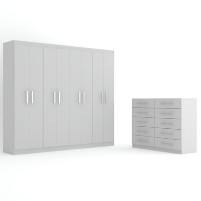 Guarda-Roupa Casal Ele e Ela 8 Portas 8 Prateleiras e Cômoda 10 Gavetas Branco - Panorama Móveis