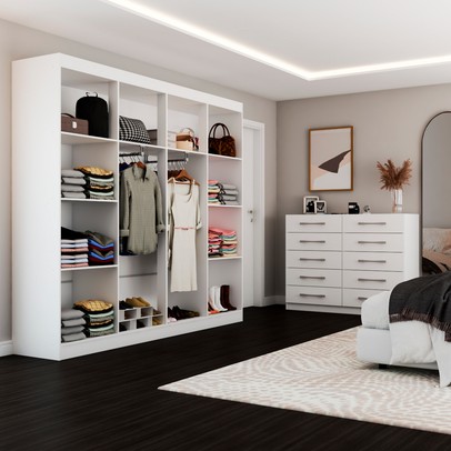 Guarda-Roupa Casal Ele e Ela 8 Portas 8 Prateleiras e Cômoda 10 Gavetas Branco - Panorama Móveis